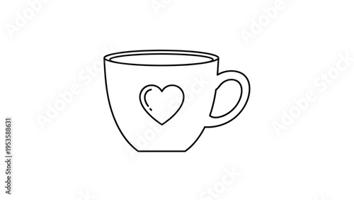Minimalist line art illustration of a coffee cup or tea mug decorated with a heart symbol on its side.