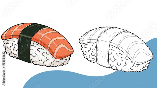 Illustration of a salmon nigiri sushi next to its dotted line version for a tracing and coloring exercise.