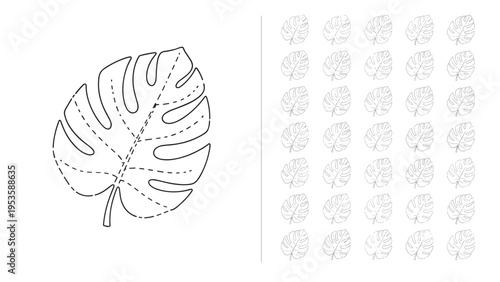 Educational counting and tracing worksheet featuring a monstera leaf for biology themed preschool activities and learning.