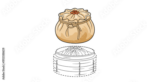 Dim sum dumpling in a bamboo steamer basket presented as a full color illustration and a tracing exercise.