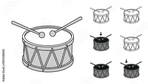 Musical instrument drum with sticks featured in an educational matching game for children to develop observation skills.