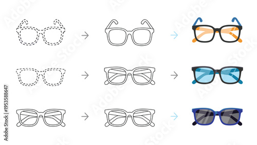 Drawing guide for three different styles of eyeglasses including sunglasses and reading frames for a creative tutorial.