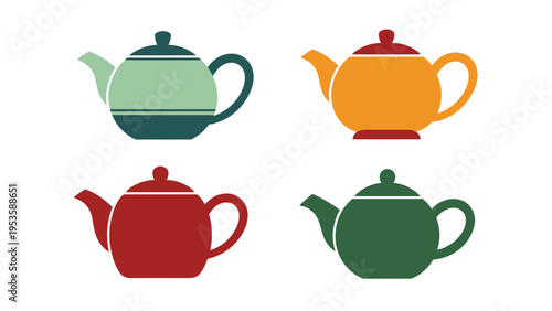 Set of four classic teapots in various color schemes including green, orange, and red for kitchen and tea time themes.