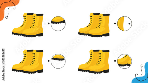 Visual perception task for kids featuring yellow work boots and magnified details for a matching and identification game.