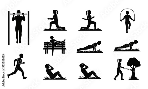 Collection of Black Vector Fitness Icons. People Exercising and Working Out Activities Set.