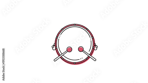 Simple vector illustration of a red snare drum with two drumsticks placed over the top isolated on a white background.