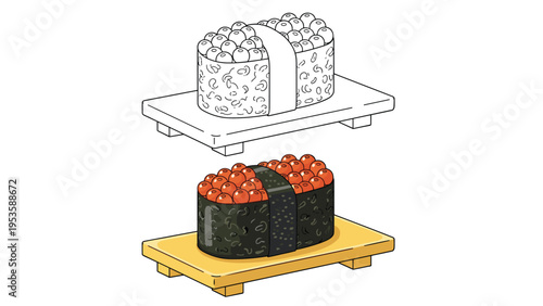 Comparison between a black and white outline and a colored illustration of salmon roe sushi served on a traditional wooden board.
