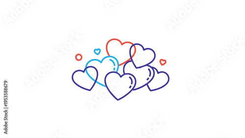 Collection of colorful hand drawn heart shapes in a cluster representing love and romance on a plain white background.