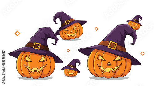 Group of spooky carved halloween jack o lanterns wearing purple witch hats scattered across a white background for holiday decoration.