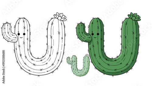 Cute u shaped cactus characters with small happy faces and flowers presented in both line art and colored versions.