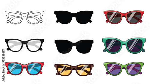 Grid of cat eye sunglasses in various styles including outline, silhouette, and multiple vibrant colors on a white background.