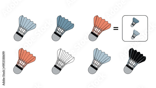 Assortment of badminton shuttlecocks in different colors including blue, orange, white, and black with a mathematical equality symbol.