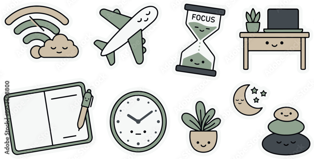 Fototapeta premium Digital Minimalist and Focus Productivity Kawaii Sticker Set 