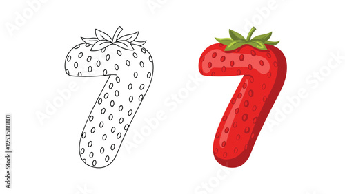 Number seven digit illustrated as a ripe red strawberry with green leaves for preschool educational learning and coloring activities.