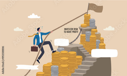 Financial concept, businessman trying hard climbing rope to reach top of money coins stack.