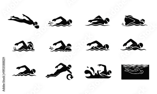 Black Silhouette Swimming Icons Set. Swimmer Vector Collection.