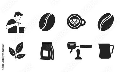Set of 8 Black Silhouette Coffee and Barista Vector Icons. Modern Simple Cafe Design Elements.
