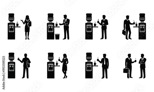 Set of Business People at Water Cooler Icons. Black Silhouettes Vector Illustration.