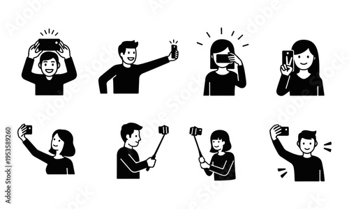 Collection of Vector Icons Showing People Taking Selfies with Smartphones and Selfie Sticks