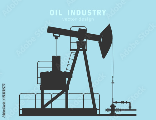 Oil production station. Oil pump jack in flat style on a blue background. Vector silhouette of an oil pump jack.