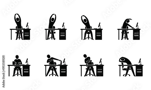 Set of black pictogram illustrations showing office worker stretching exercises at desk