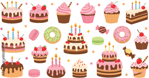 Sweet Dessert and Cake Vector Set with Cupcakes Donuts Macarons Candies and Birthday Cakes Colorful Bakery Collection Isolated on White Background