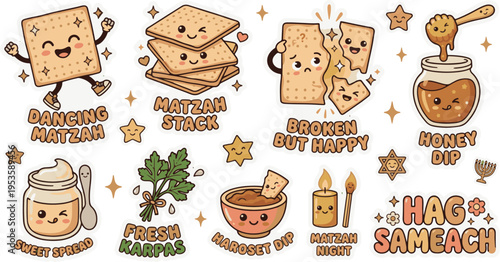 Cute Dancing Matzah and Seder Elements Passover Sticker Collection

