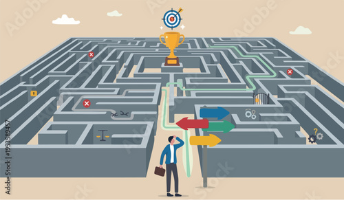 Path business decision concept, contemplation businessman finding the way in labyrinth to reach target