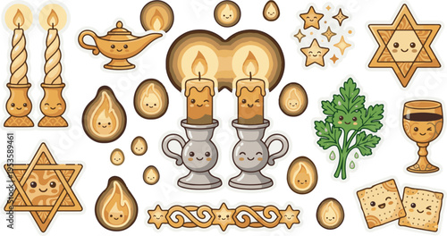 Jewish Holiday Candles and Symbols Kawaii Sticker Set for Passover
