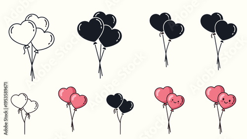 Heart shaped balloon icon collection featuring different sets colors and styles for valentines day celebrations weddings and romantic events.
