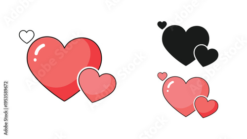 Triple heart icon set showing three overlapping hearts in red pink and black styles perfect for expressing love and affection in graphic designs.