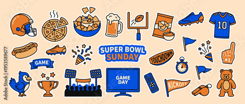 Super Bowl Sunday Icon Collection: A vibrant assortment of icons capturing the spirit of Super Bowl Sunday, featuring football equipment, stadium snacks, and game day elements.
