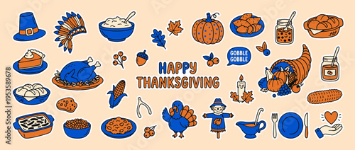 Thanksgiving Day Elements: A vibrant illustration showcasing an array of Thanksgiving elements, symbols, and delicious dishes, perfect for celebrating the spirit of the holiday season.