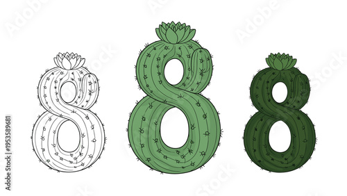 Number eight shaped like a green cactus plant with small thorns and a blooming flower on top shown in three different artistic styles.
