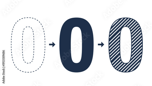Number zero displayed in three distinct graphic styles including a dashed tracing outline solid fill and diagonal striped pattern on a white background.