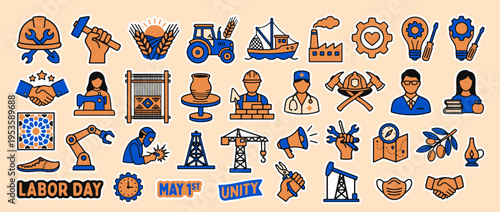 Labor Day Icons: An array of colorful icons, each representing different aspects of labor and industry, arranged on a neutral background, symbolizing the hard work and dedication of the workforce