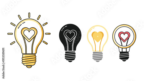 Light bulb icon featuring a heart shaped filament inside representing love ideas passion and inspiration in several artistic design styles.