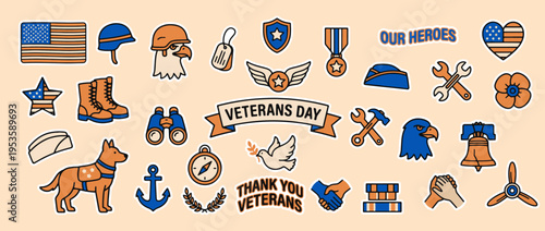 Veterans Day Emblems and Symbols: An assortment of emblems and symbols honoring veterans, a tribute to their service and sacrifice.