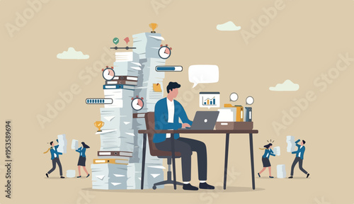 Ability to work under pressure, leadership skill success, control stressed complete work within timeline concept, calm confident businessman working laptop carrying load paperwork