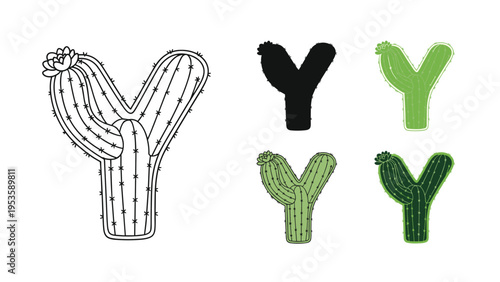 Letter Y represented as a blooming cactus plant in different styles including outline, silhouette, and green tones.