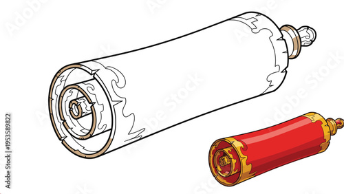 Two paper scroll illustrations featuring one simple black line outline and one colored version in red and gold.