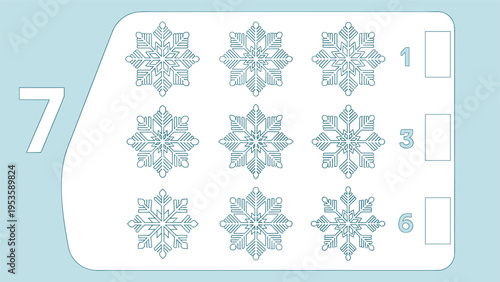 Math counting activity for children with snowflakes and numbers to help learn basic mathematical concepts.
