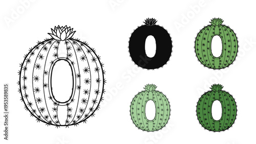 Number zero shaped like a round desert cactus in different visual styles including line art and green colors.