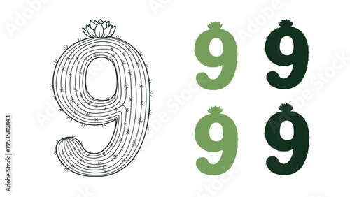 Number nine shaped like a tall cactus plant with various options including outline and colored green icons.