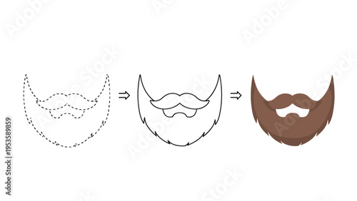 Step by step visual guide showing how to draw and color a thick mustache and beard in a cartoon style.