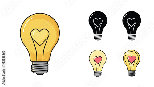 Light bulb icons with heart shaped filaments inside shown in various styles such as flat, line, and silhouette.