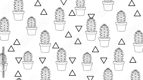 Seamless pattern background featuring various hand drawn cacti in pots and small black triangle shapes over white.