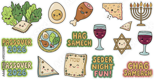 Kawaii Passover 2026 Sticker Collection Featuring Seder Food and Symbols
