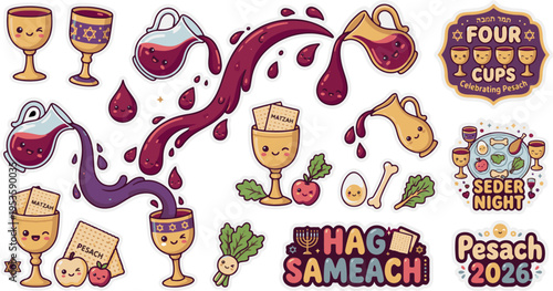Passover 2026 Sticker Set with Cute Kawaii Seder Elements and Wine Pouring
