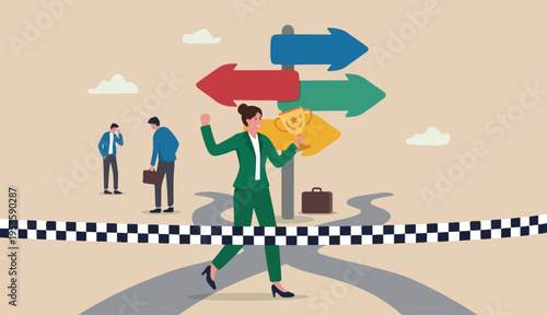 Woman success story, female leadership to business victory gender equality feminism win competition concept, confident businesswoman finishing win competition over men colleague
